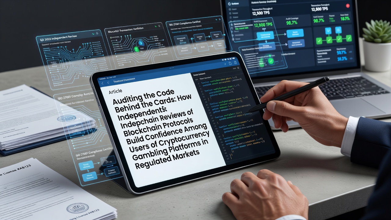 Illustration eines Blockchain-Code-Audits mit Smart Contracts und Prüfwerkzeugen in einem regulierten Casino-Umfeld