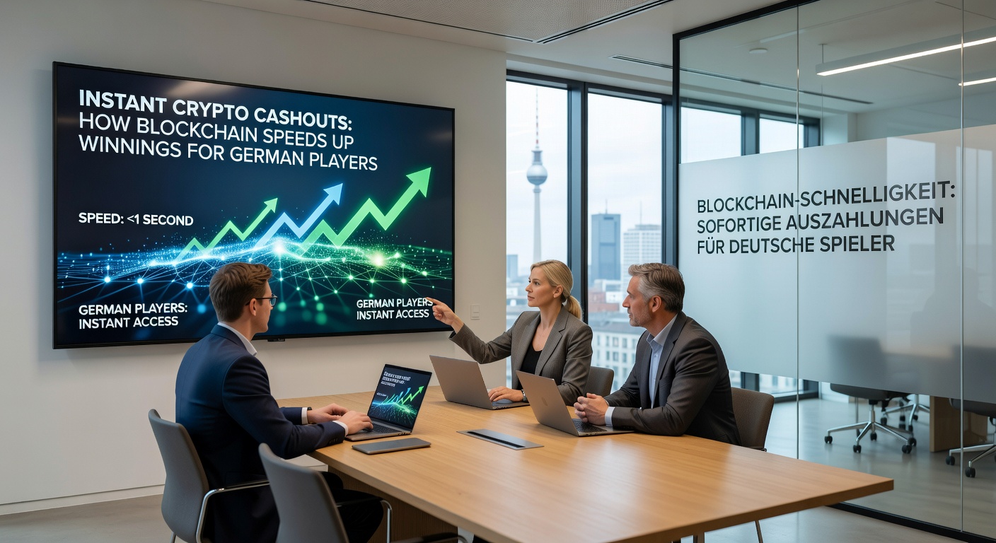 Grafik mit Zeitvergleich: Blockchain-Cashouts in Sekunden versus traditionelle Banküberweisungen in Tagen, speziell für den deutschen Markt