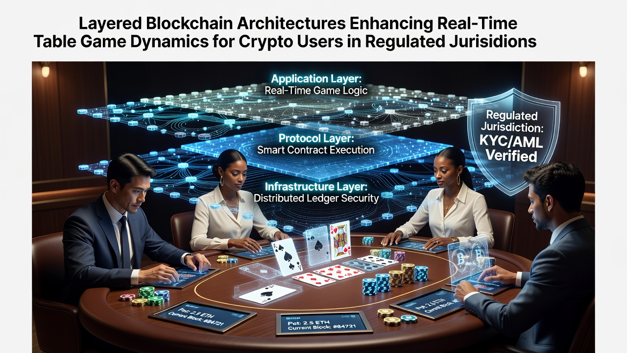 Darstellung einer mehrschichtigen Blockchain-Architektur mit Fokus auf Echtzeit-Tischspiele und Krypto-Integration in regulierten Märkten
