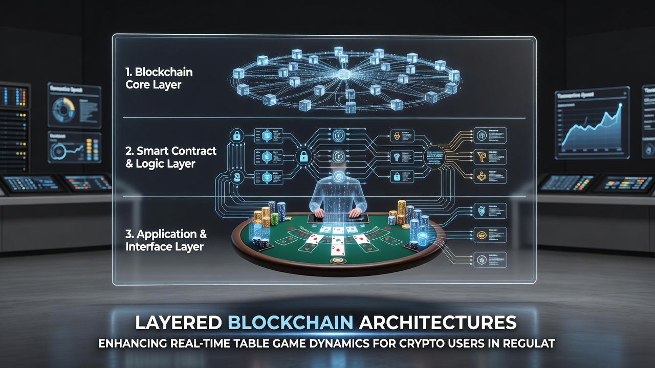 Illustration der Integration von Layered Blockchain in Live-Tischspielen für Krypto-Nutzer unter regulatorischen Bedingungen